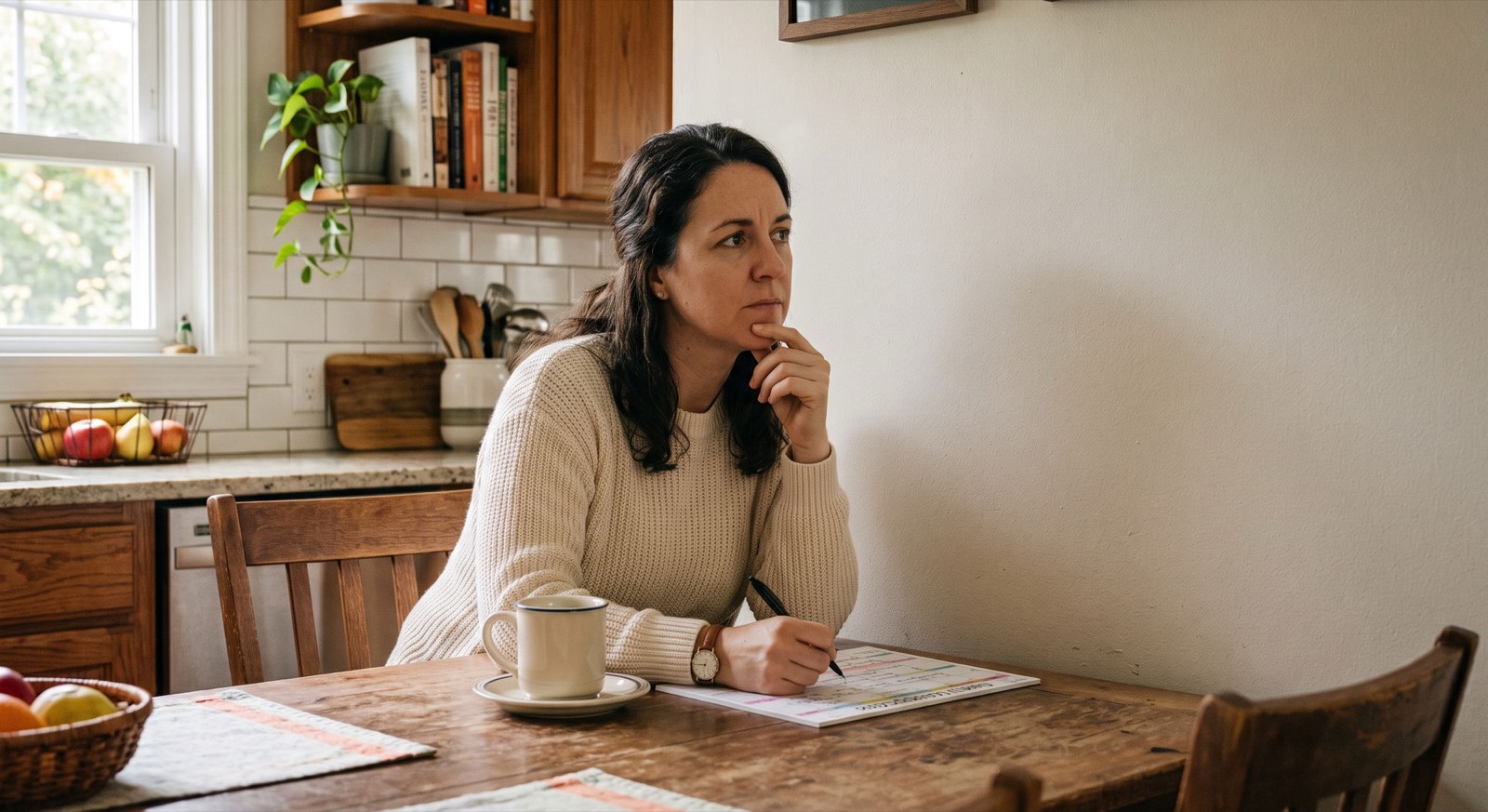 A parent sitting at a kitchen table with a coffee and a calendar, thinking through a schedule.