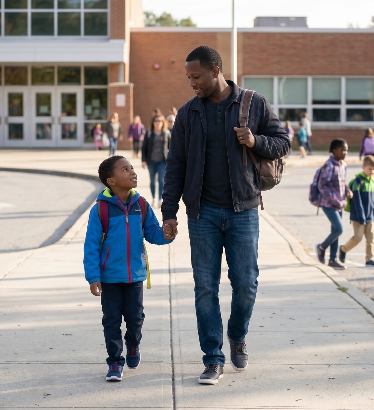 A dad walks his son home from school, holding hands
