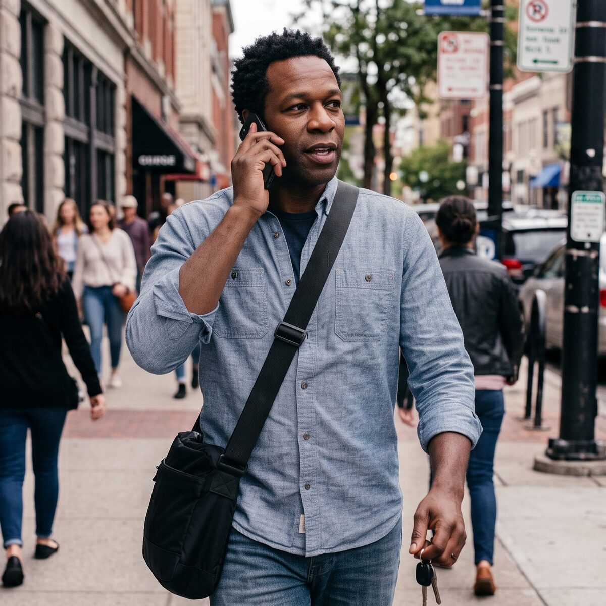 A dad walks down a city sidewalk on a call, keys in hand