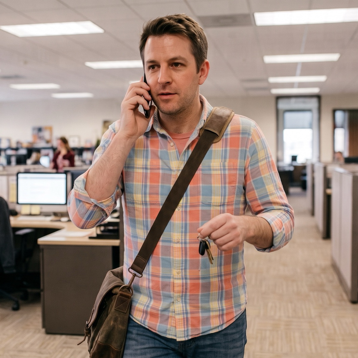 A dad walks out of the office on a call, keys in hand