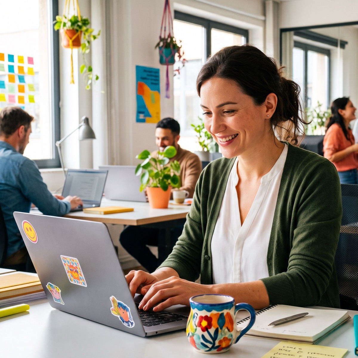 A smiling mom works at her laptop, uninterrupted