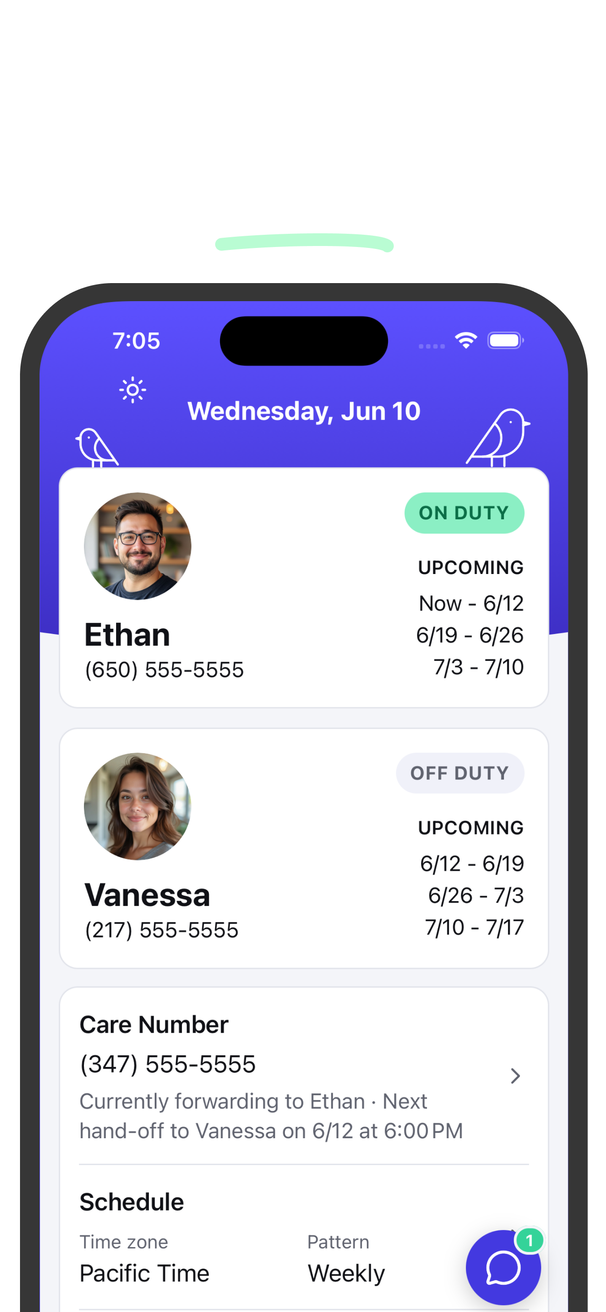 Care Number app dashboard showing which parent is on duty and the upcoming schedule
