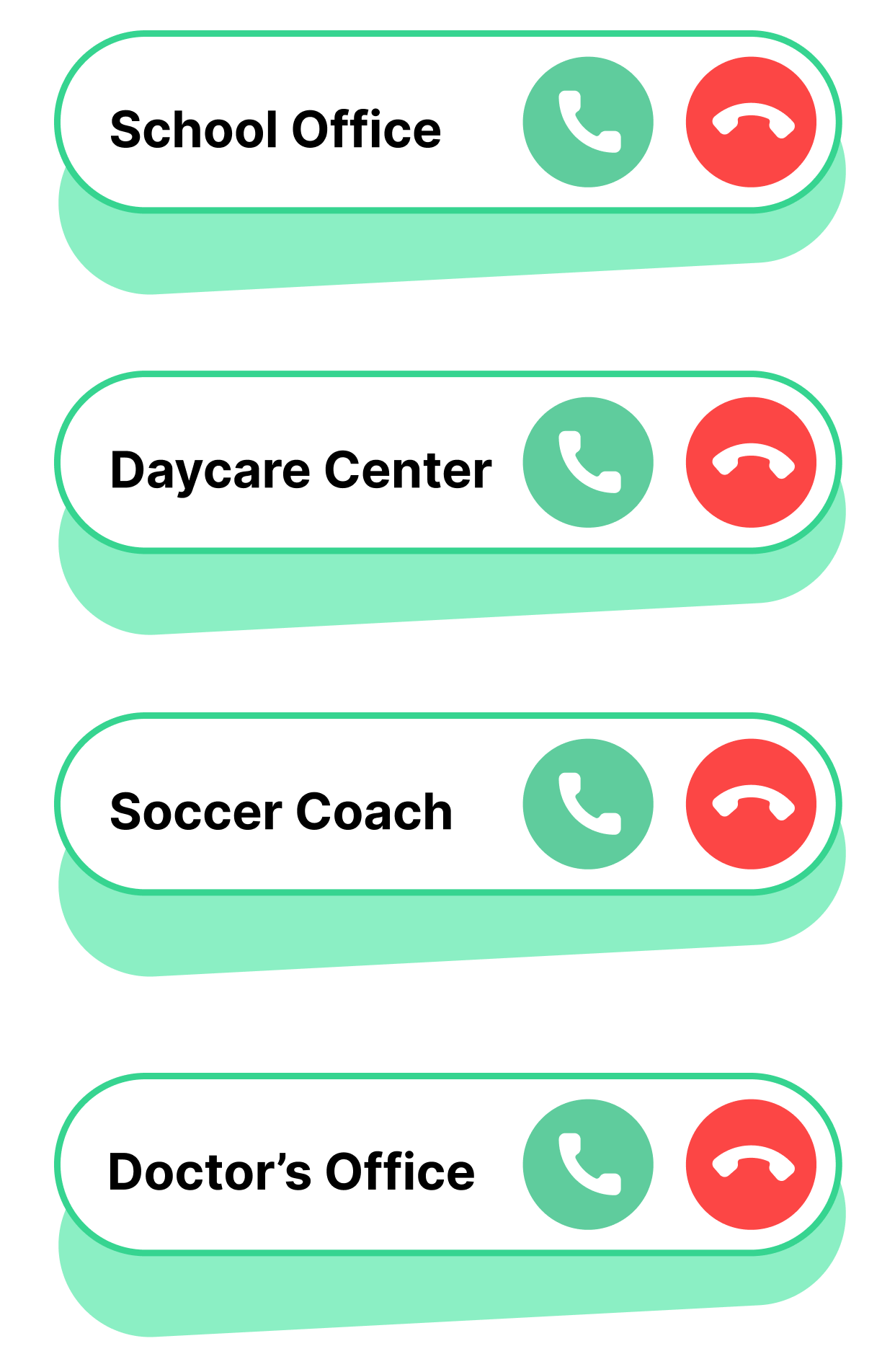 Incoming calls from School Office, Daycare Center, Soccer Coach, and Doctor's Office
