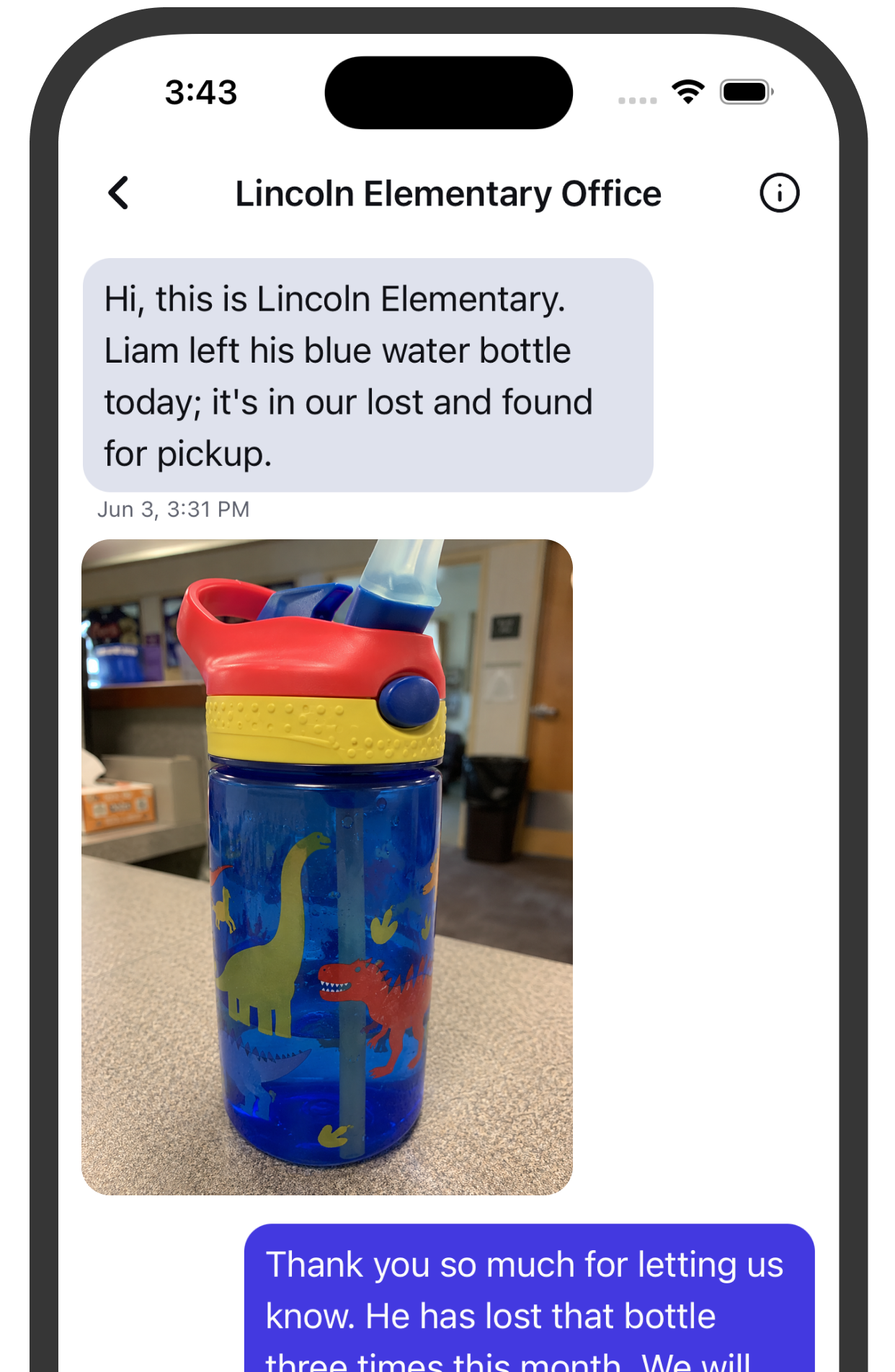 The on-duty parent reading and replying to a text from the school office in the Care Number app