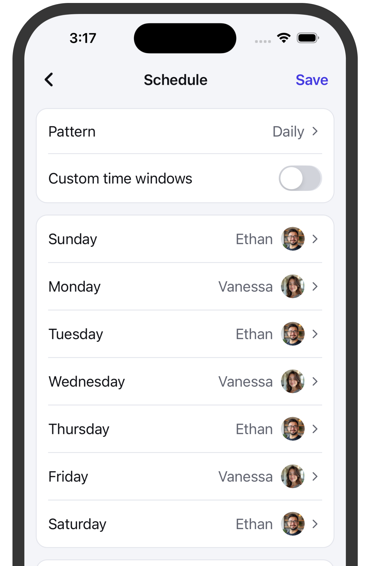 Daily schedule: each day of the week assigned to a specific parent